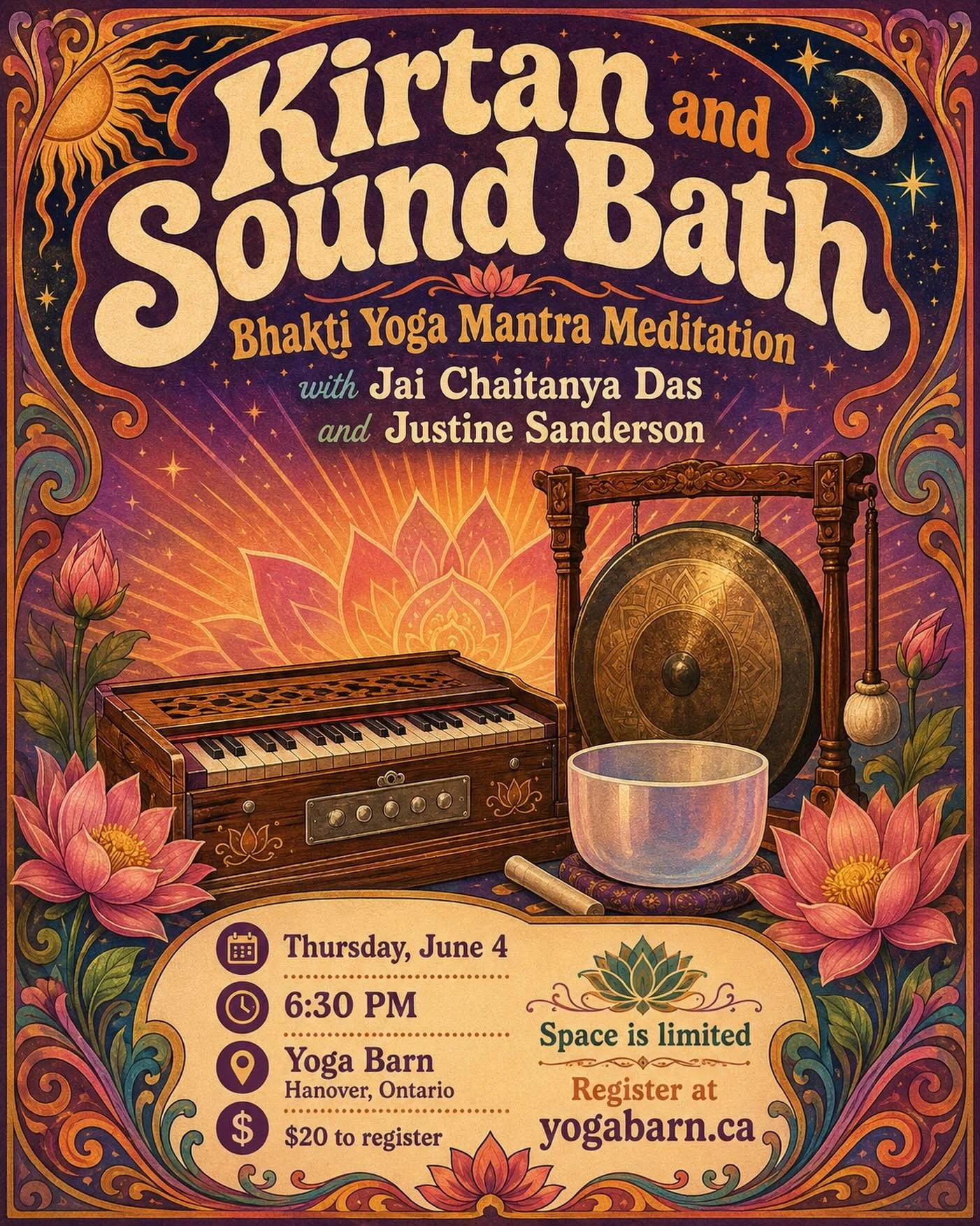 Mark your calendars 📅  for this beautiful offering with @lotussound.ca 

&ldquo;Kirtan &amp; Sound Bath - Bhakti Yoga Mantra Meditation with Jai Chaitanya Das and Justine Sanderson&rdquo;

Join Jai Chaitanya Das and Justine Sanderson of Lotus Sound 