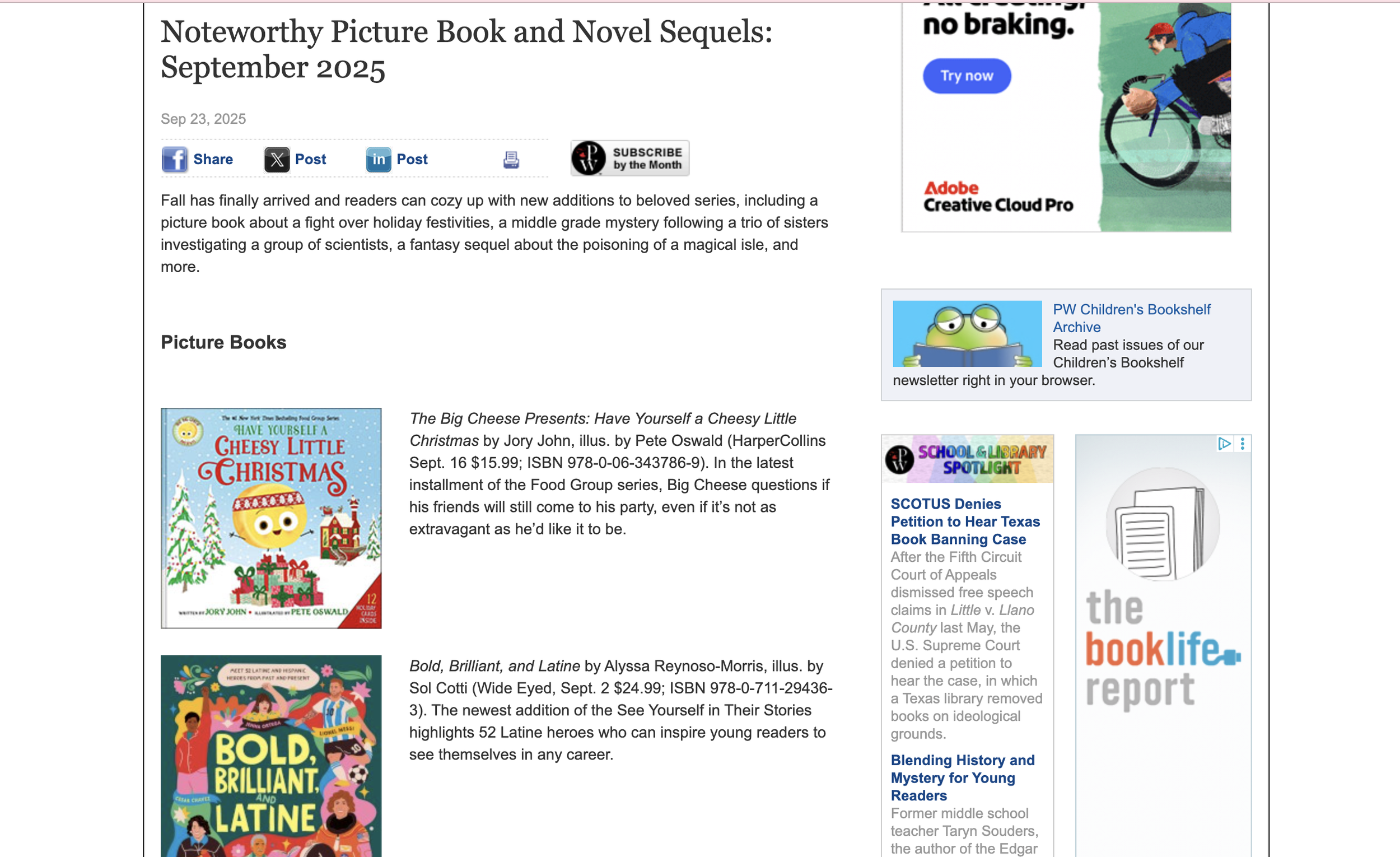 PUBLISHER'S WEEKLY - Noteworthy Picture Book and Novel Sequels: September 2025 - Bold, Brilliant, and Latine by Alyssa Reynoso-Morris, illus. by Sol Cotti (Wide Eyed, Sept. 2 $24.99; ISBN 978-0-711-29436-3). The newest addition of the See Yourself in