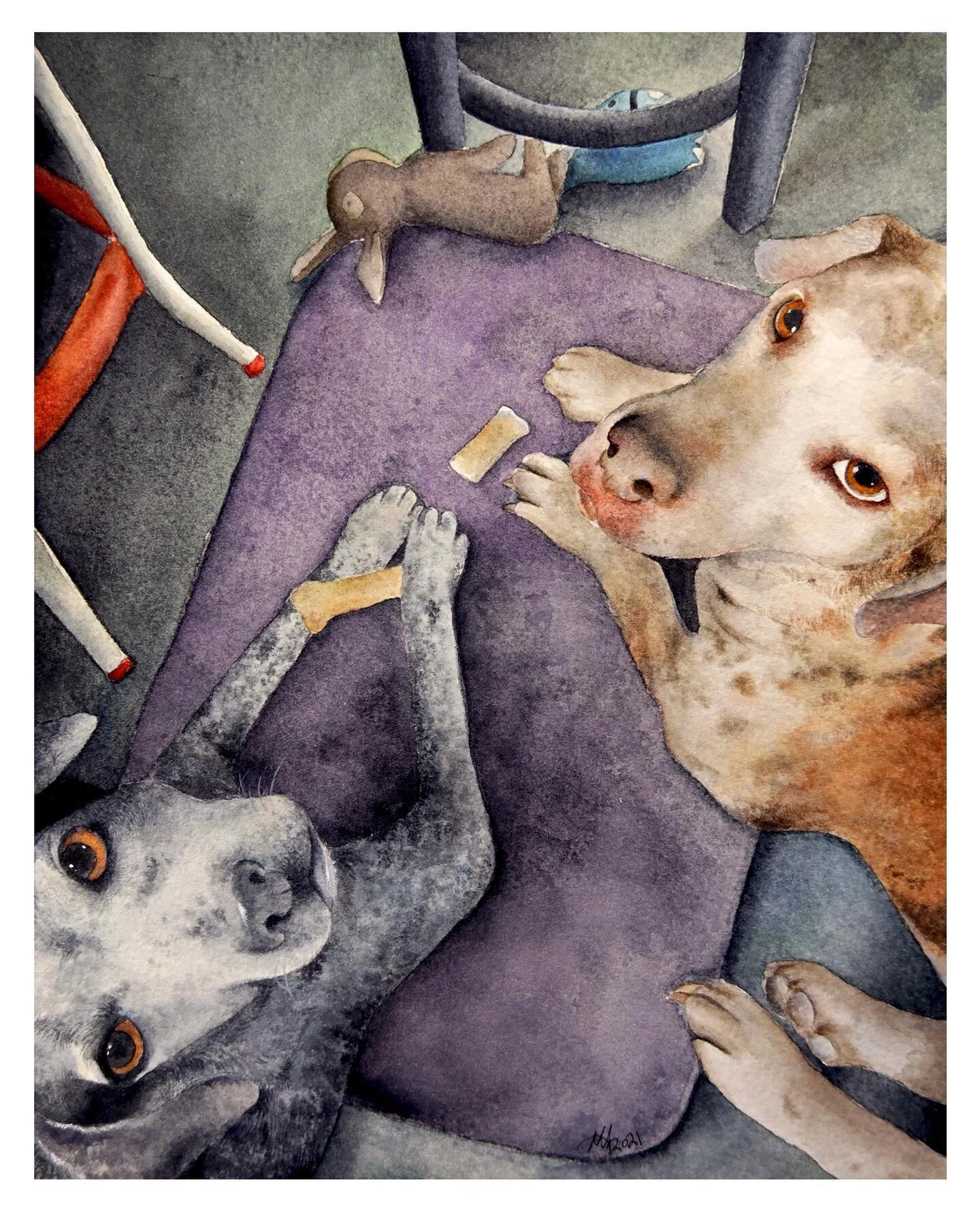 SOLD! Another wonderful doggo commission completed! These two pups were so fun to capture. One of my favorite aspects of this piece was the broken bone between them. 😂 I felt though it created a little story between the two of them. 

This piece is 