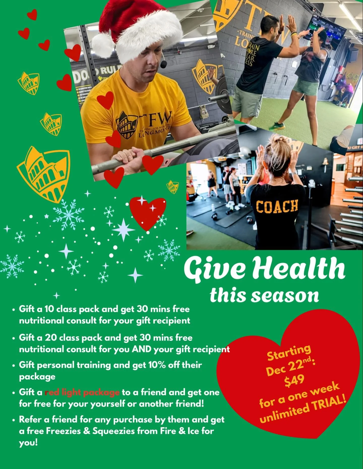 Gift health this holiday season! 🎁🎄🎅🕎

Give your people what they can really use&hellip; a chance to feel strong and confident and have fun doing it!

DM or text 720-371-0588 to purchase the gift of health.

TFW Longmont is small group functional