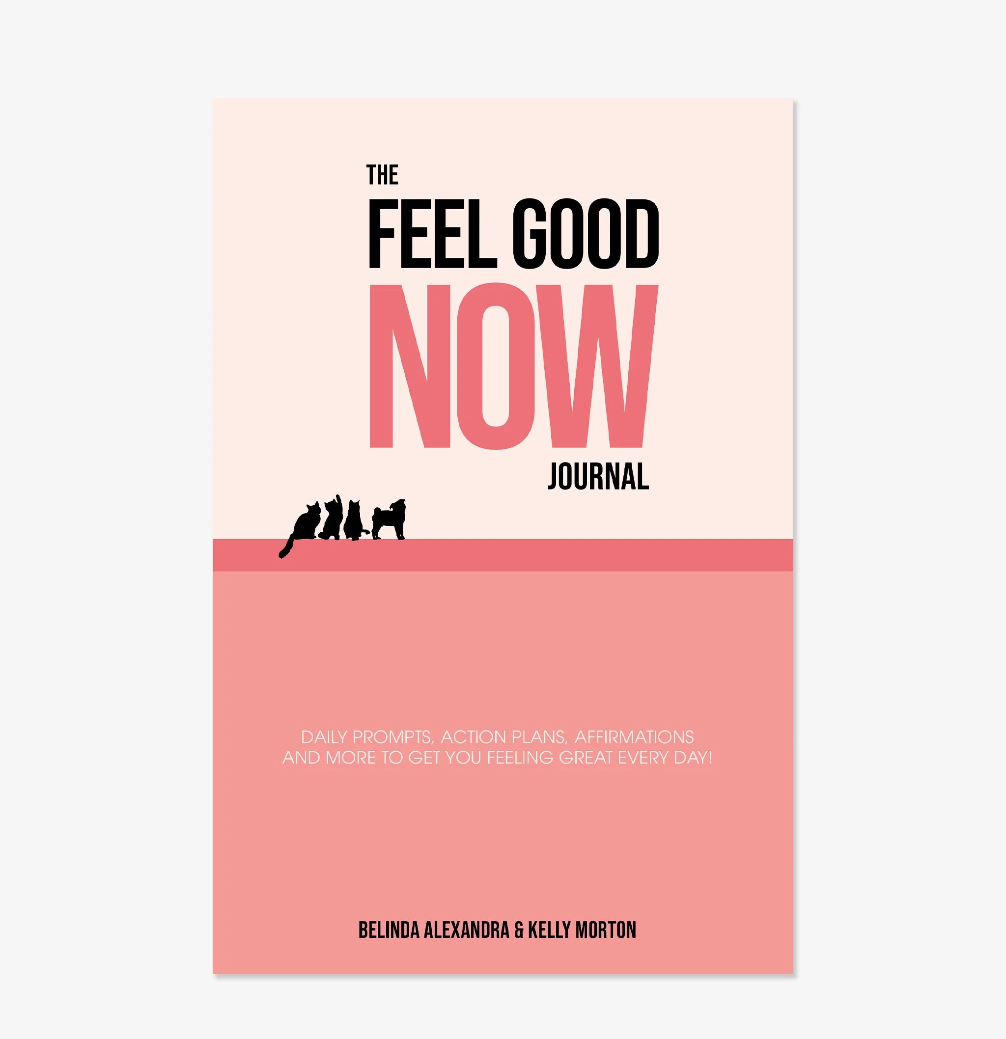 Pink Edition goal-setting journal | Text: THE FEEL GOOD NOWJOURNAL | DAILY PROMPTS, ACTION PLANS, AFFIRMATIONS AND MORE TO GET YOU FEELING GREAT EVERY DAY! | BELINDA ALEXANDRA & KELLY MORTON