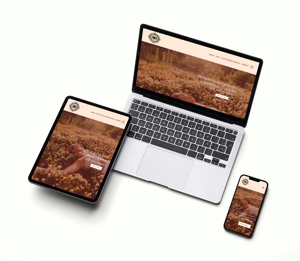 Metaphysical Compass' website shown on laptop, tablet and phone.