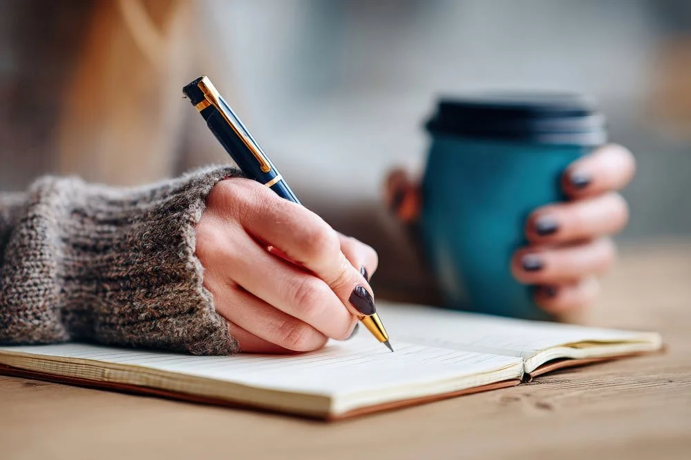A hand with a pen, writing in a notebook planning a redesign