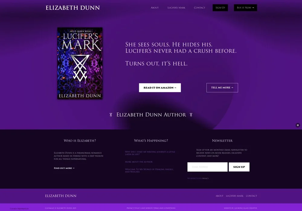 Screenshot of author Elizabeth Dunn's website by Squarespace Web Designer Looking Glass Creative.