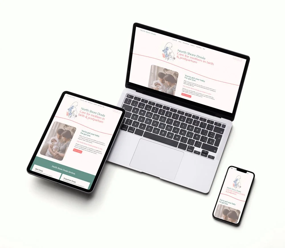The website for North Shore Doula shown on a laptop, tablet and mobile