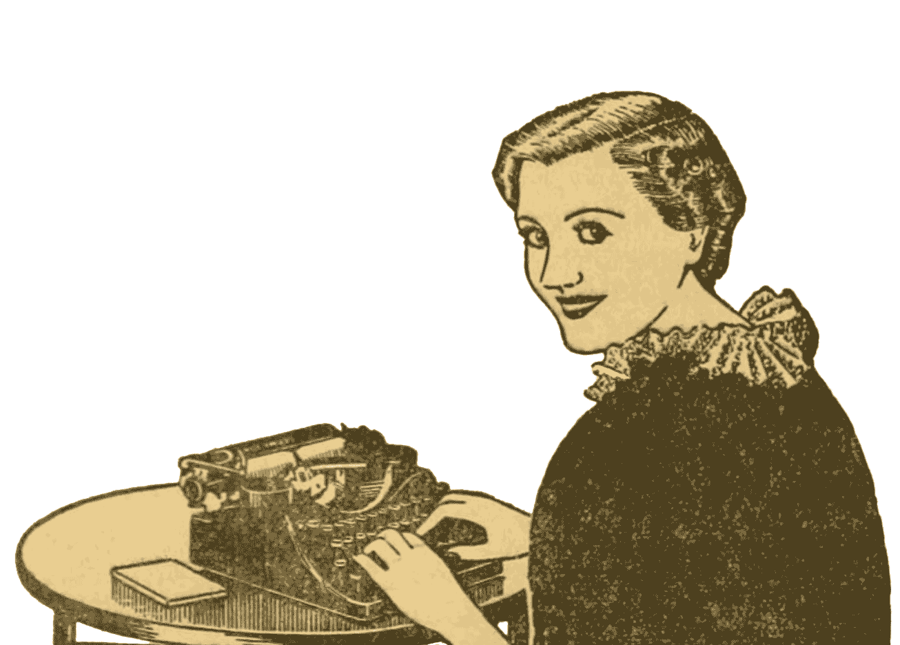 1920s illustration for the paper of a woman sitting at a desk with a typewriter. She looks over her right shoulder smiling
