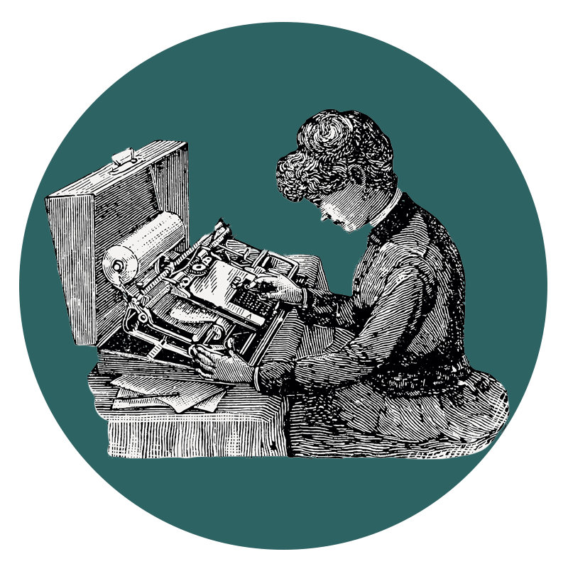 Squarespace Website Maintenance, a vintage illustration of a young woman working at a desk. A green circle behind her