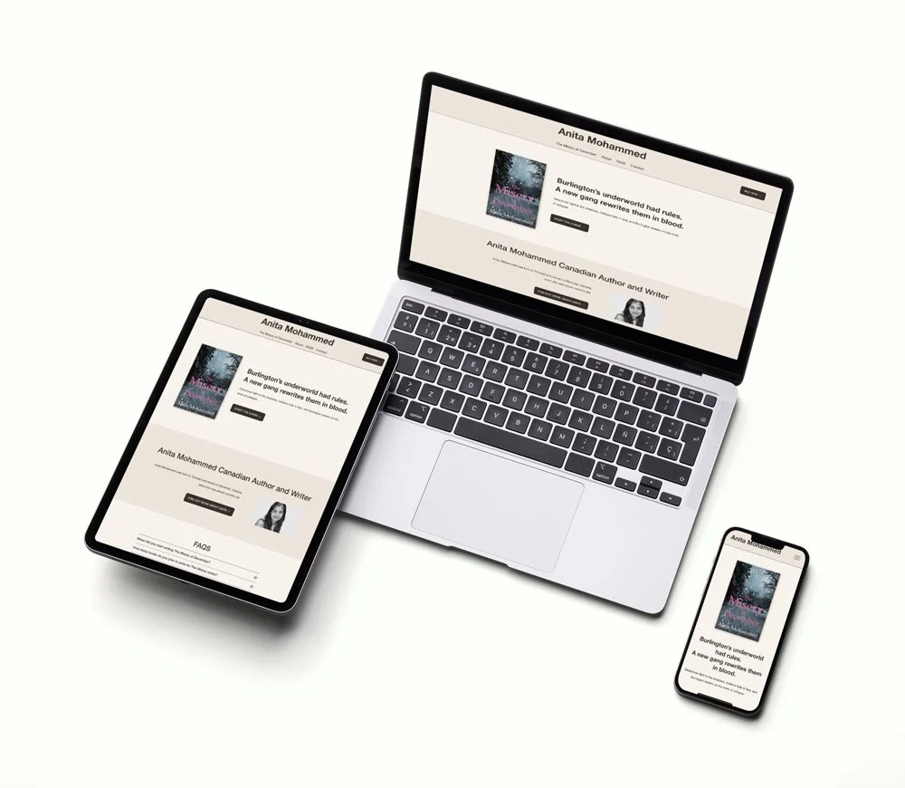 Anita Mohammed's website shown on laptop, tablet and phone.