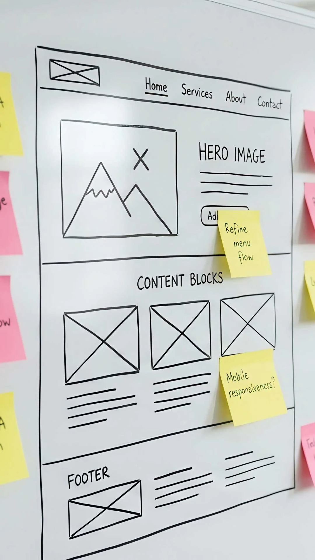 Whiteboard with a one-page starter website wireframe. There are post its in places with notes on them.