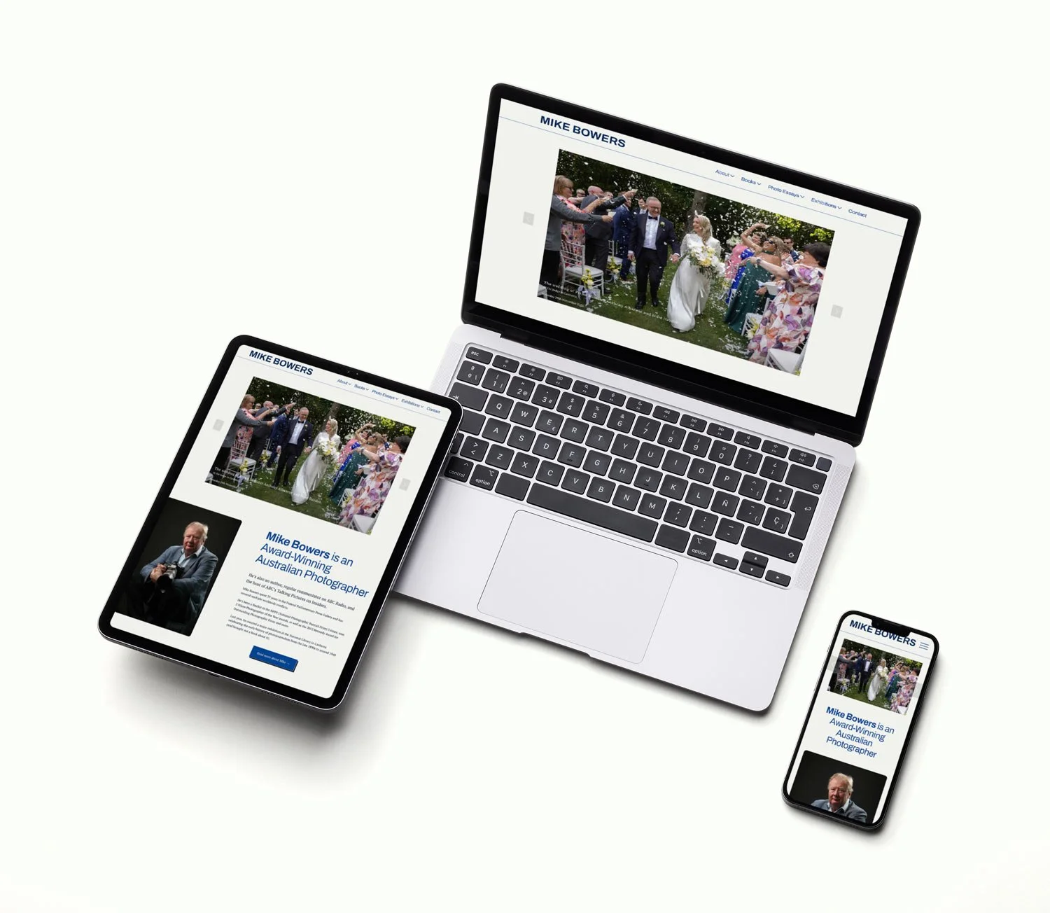 Mike Bowers' website on laptop, table and mobile device