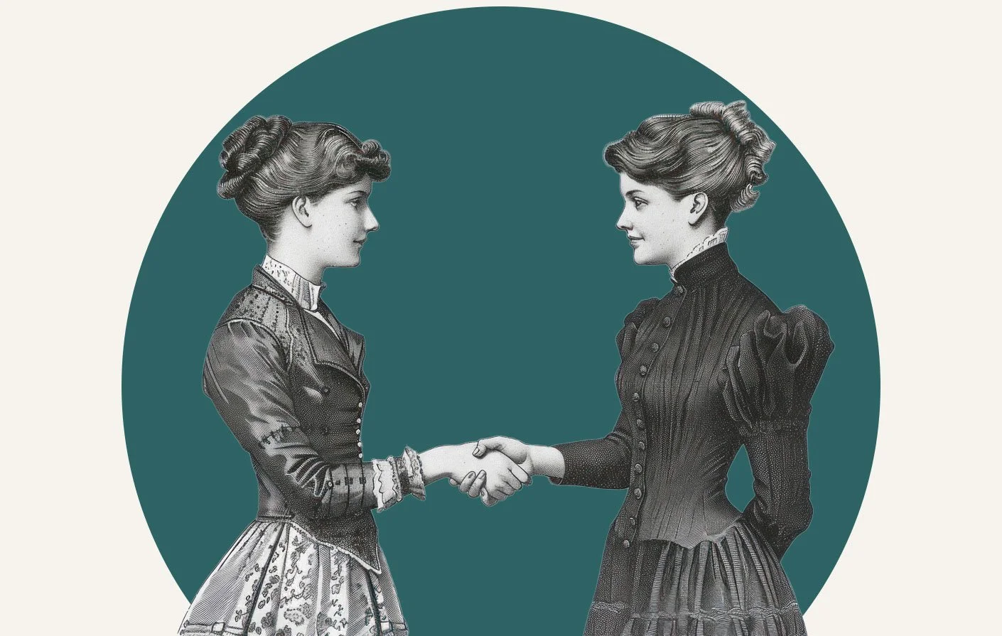 Black and white illustration of two Victorian women shaking hands, an inspiration for custom Squarespace design.