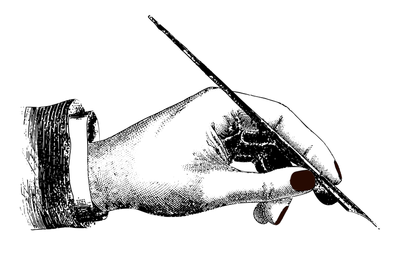 Vintage illustration of a hand holding a pen. The nails are painted black