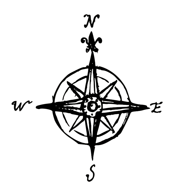 Black illustration of a handdrawn compass with North, East, North and West
