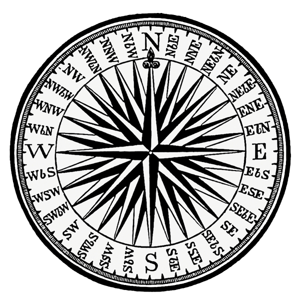 A black and white vintage illustration of a Victorian-style compass