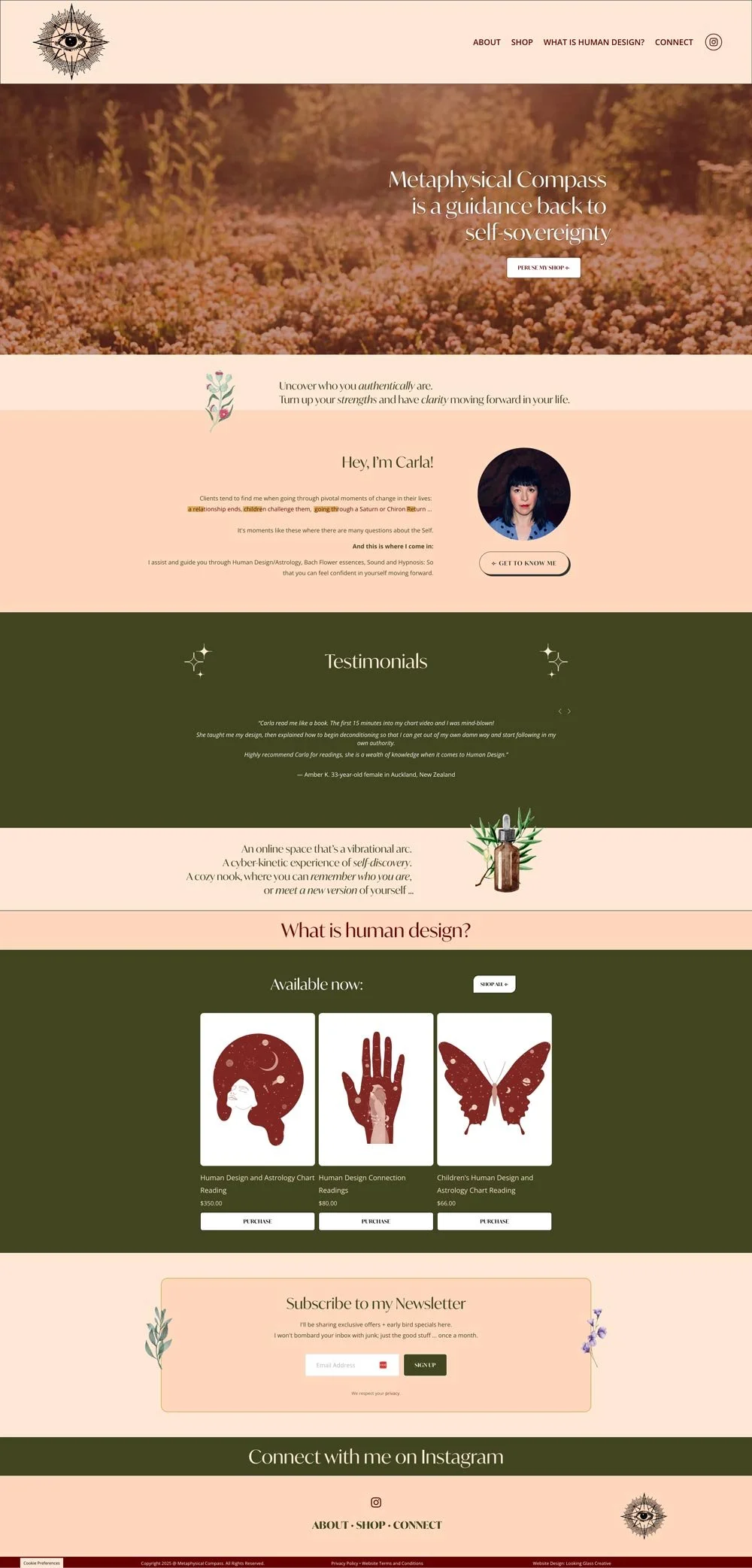 Screenshot of Metaphysical Compass' website by Squarespace Web Designer Looking Glass Creative.