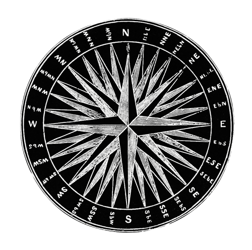 A black and white vintage illustration of a Victorian-style compass
