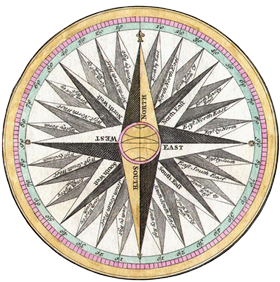 Website in a week - Compass rose detail from 1748 Bowen Mariner’s Compass and Armillary Sphere - Geographicus - CircleofWinds-bowen (1747) chromolithograph art.