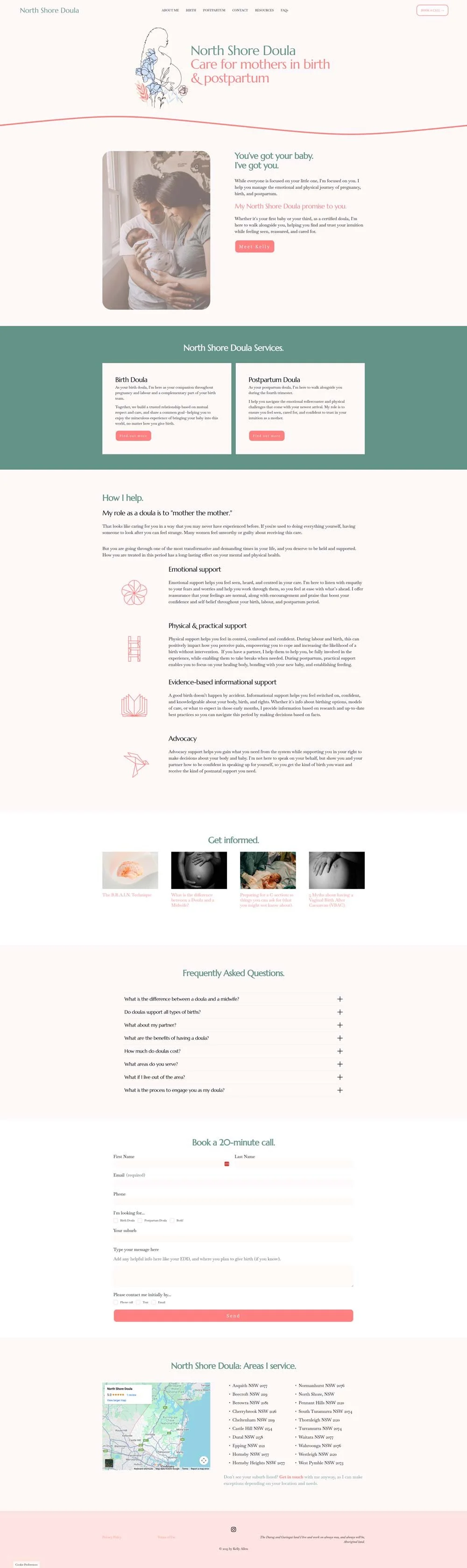 Screenshot of Kelly Allen's website for The North Shore Doula by Squarespace Web Designer Looking Glass Creative.