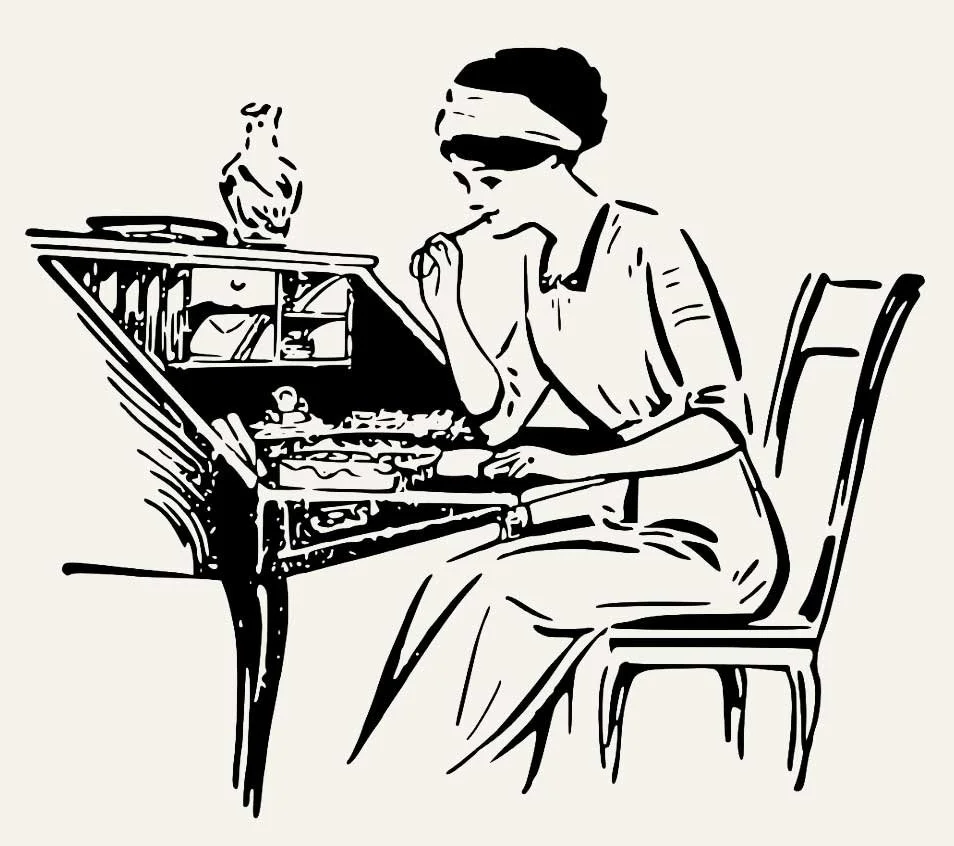 Black and white outline of a women sitting at an old-fashioned desk. She has the pen to her lips as she looks at the paper she is writing at, thinking.