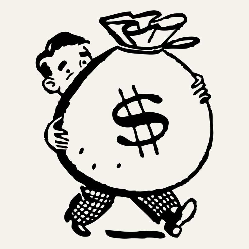 Black and white vintage cartoon illustration of a man carrying a big bag of money