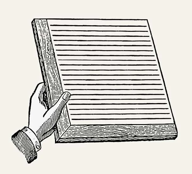 Black and white illustration of a hand holding a pad of paper
