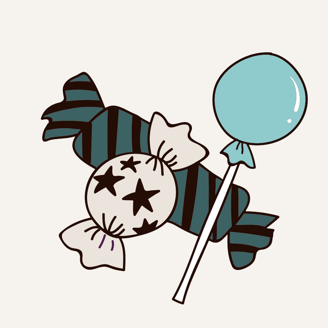 Two wrapped sweets and a lollypop. All with green and brown wrappers.