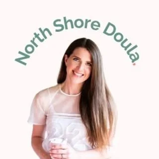 A photo of Kelly Allen smiling and looking to camera. Above her is the text North Shore Doula