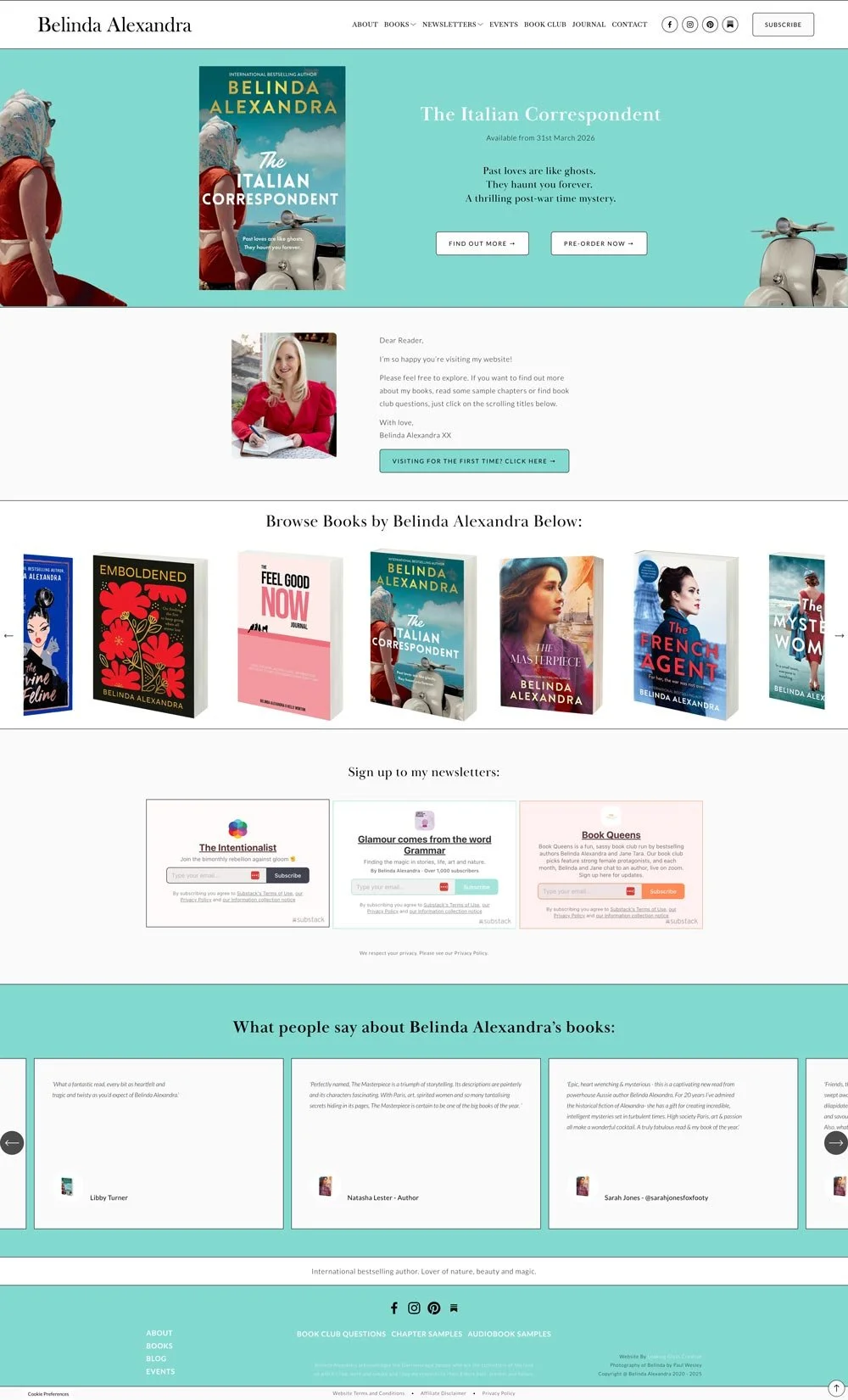 Full page screenshot of author Belinda Alexandra's website by Squarespace Web Designer Looking Glass Creative.