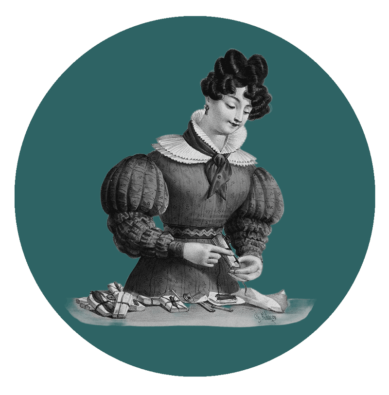 A vintage illustration of a young woman putting together packages at a desk. A green circle behind her