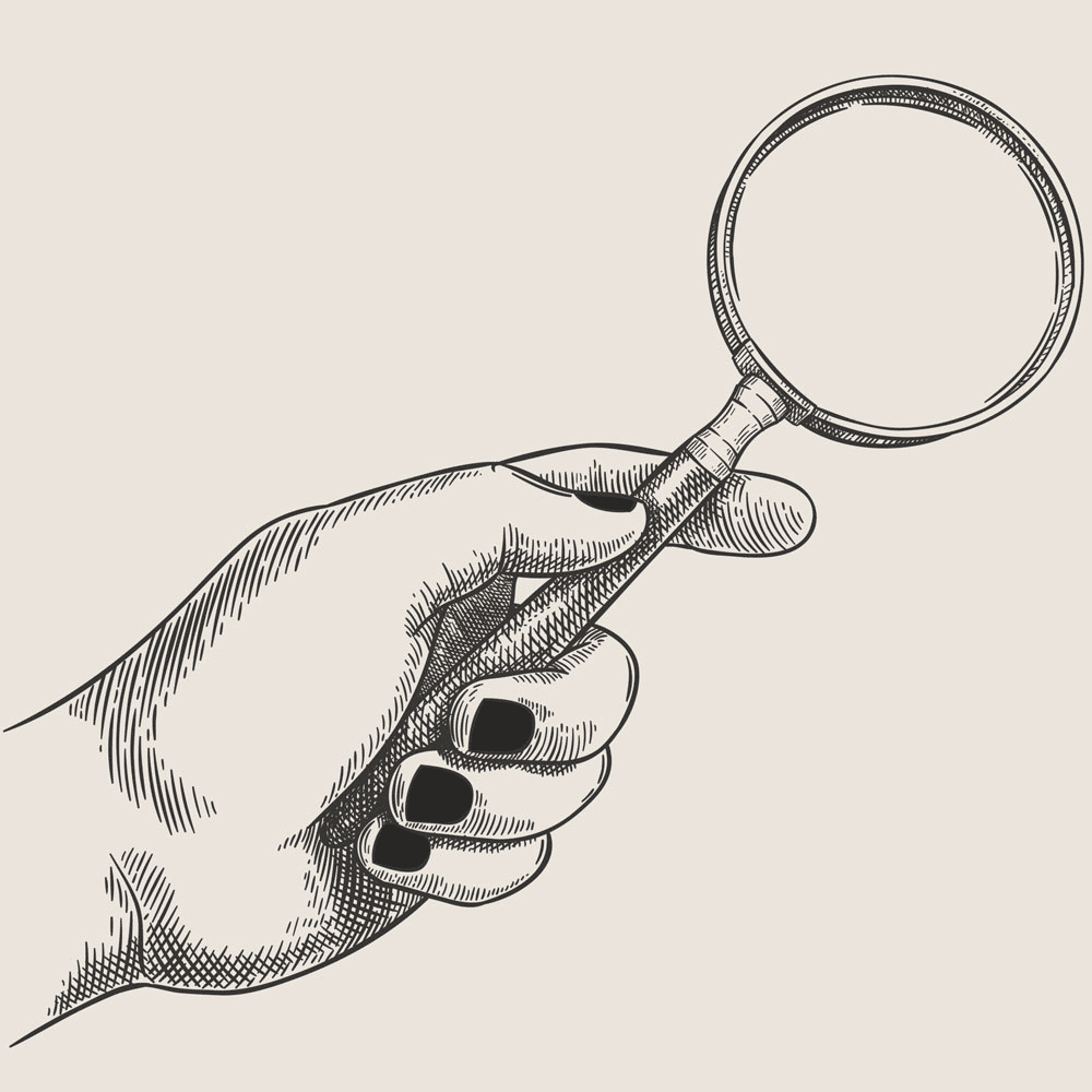 Gif of a black and white sketch of a hand holding a looking glass (magnifying glass) the hand has black/green/tan painted nails.