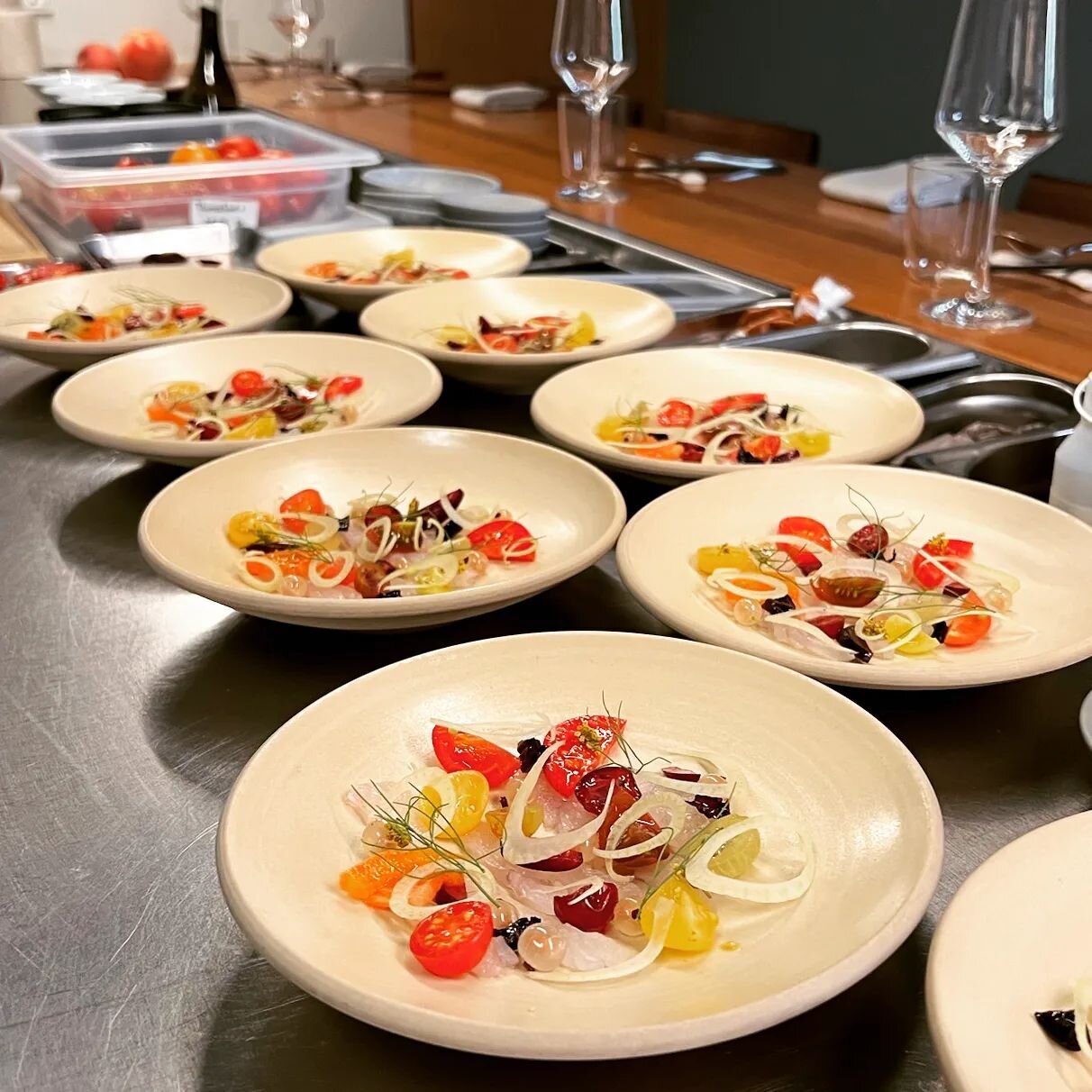 Scenes from the Kitchen Counter

Brill, Tomatoe and Summer Berries.

Opening course on both menus. Highlighting the first tomatoes and berries of the season. We age the brill for more umami and garnish with some pickled wood ear mushrooms to balance 