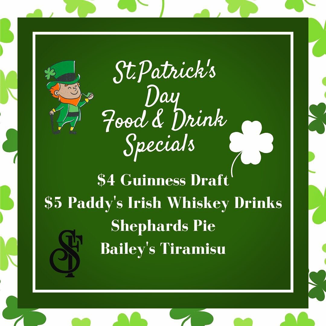 Happy St Patrick&rsquo;s Day!!

We have specials today going all day and night! 

$4 Guinness Draft
$5 Paddy&rsquo;s Irish Whiskey Drinks
Shepherds Pie
Bailey&rsquo;s Tiramisu 

#stpatricksday #specials #guinness #paddys #bar #drinks #beer #food #din