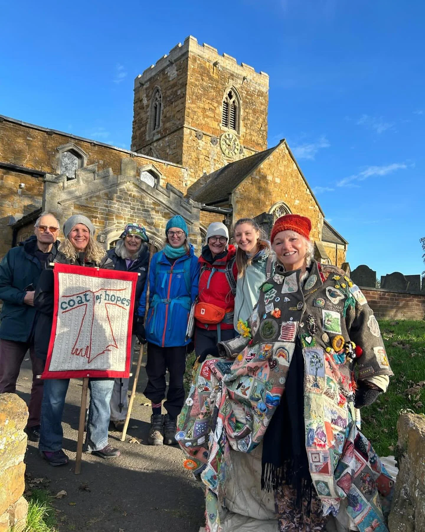 The Coat team setting off from lovely St Remigius in Long Clawson this morning….stunning stained glass, and the words of an interesting hymn we sang before departing. Some huge hedges and interesting stiles enroute today. #coatofhopes #longcla