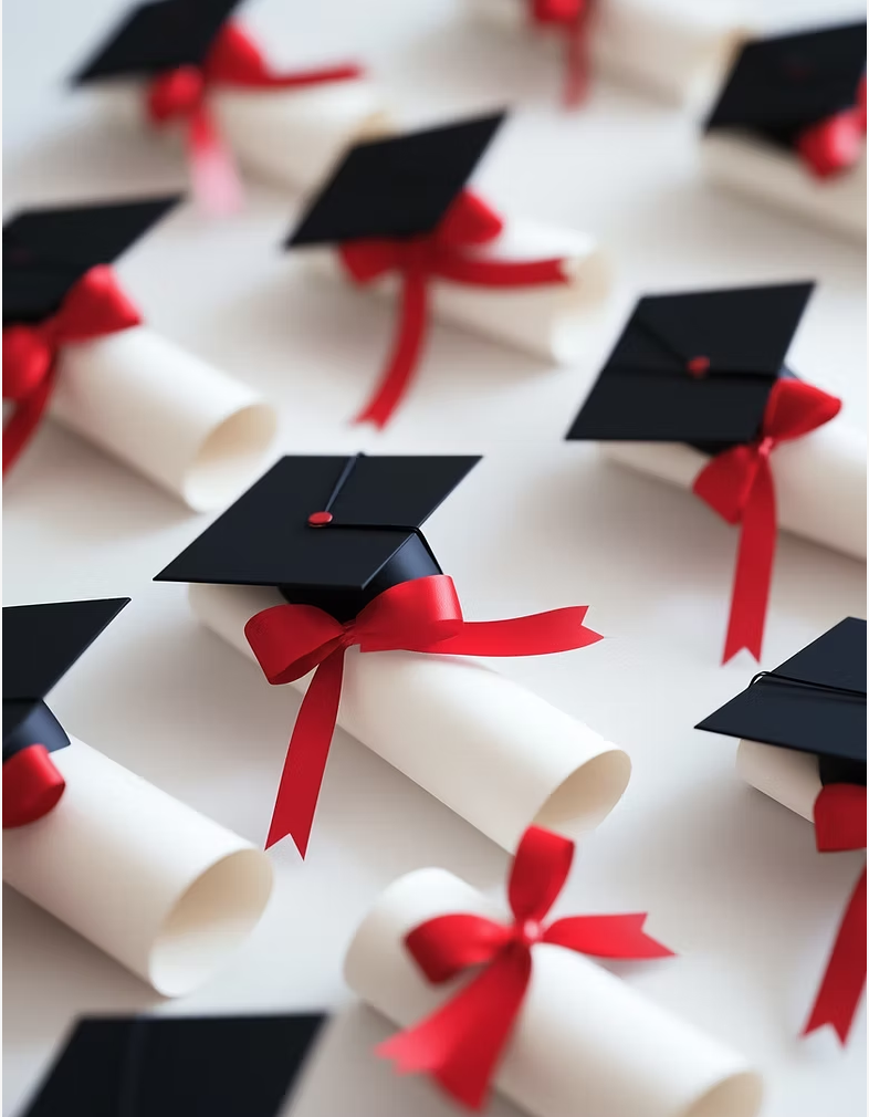 Graduation diplomas rolled up with red ribbons, decorated with black mortarboard caps, arranged on a white surface.