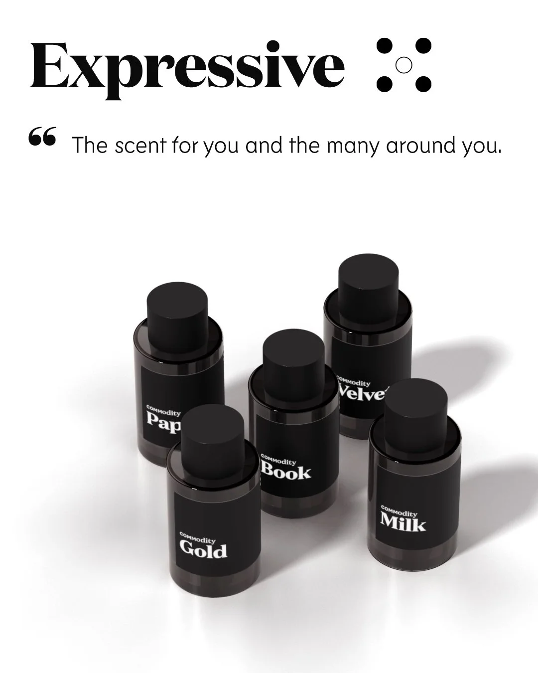 Scent Space Expressive Definition with five black Expressive fragrance bottles on white.