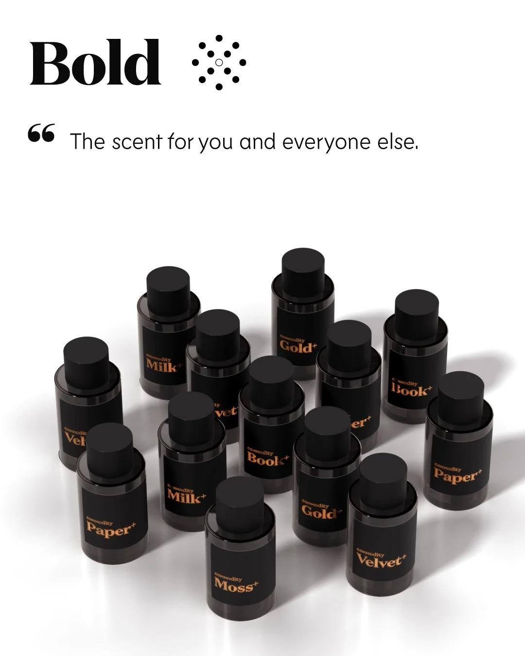Scent Space Bold Definition with thirteen black Bold fragrance bottles on white.