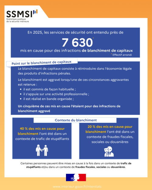 Mis en cause pour infraction de blanchiment de capitaux en 2025, infographie SSMSI