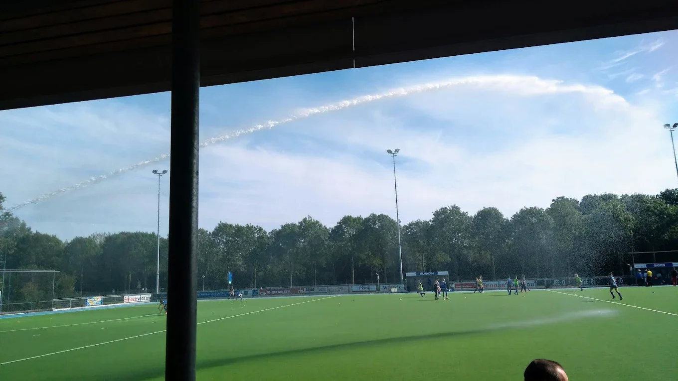 View of a sports field with players practicing or playing a game, surrounded by tall trees and floodlights under a blue sky with some clouds.