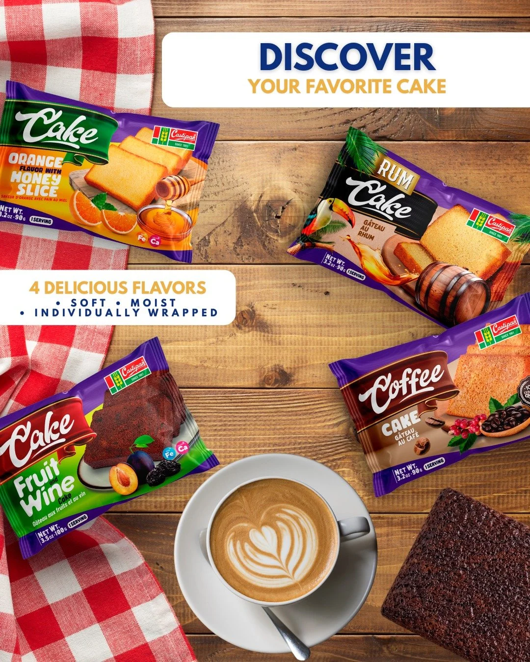One brand. 4 irresistible flavors

Coffee | Fruit &amp; Wine | Rum | Orange Honey

Soft, moist &amp; ready anytime.

Which one is your favorite? 

Comment below &amp; tag a snack partner.

#DinasCorp #SnackTime #CakeLovers #CoffeeBreak #SweetChoice