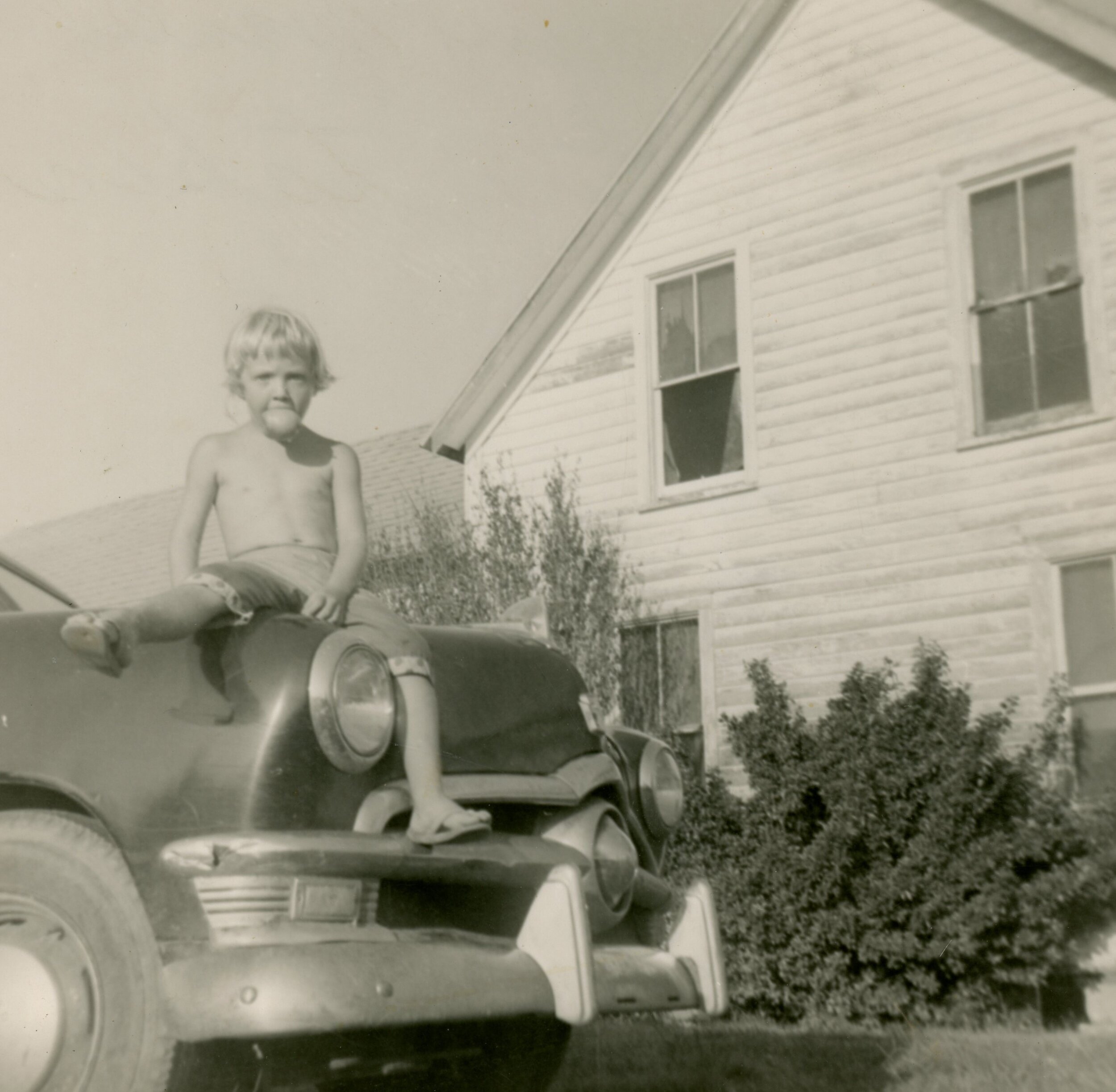 Ginger sitting on a car beside Aunt Gertie’s house on the shore
