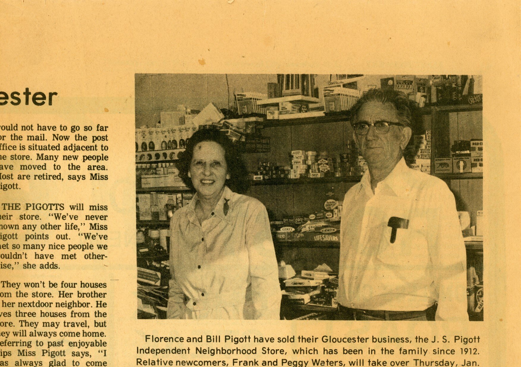 Newspaper article about Florence Pigott and Bill Pigott, owners of JS Pigott Independent Neighborhood Store