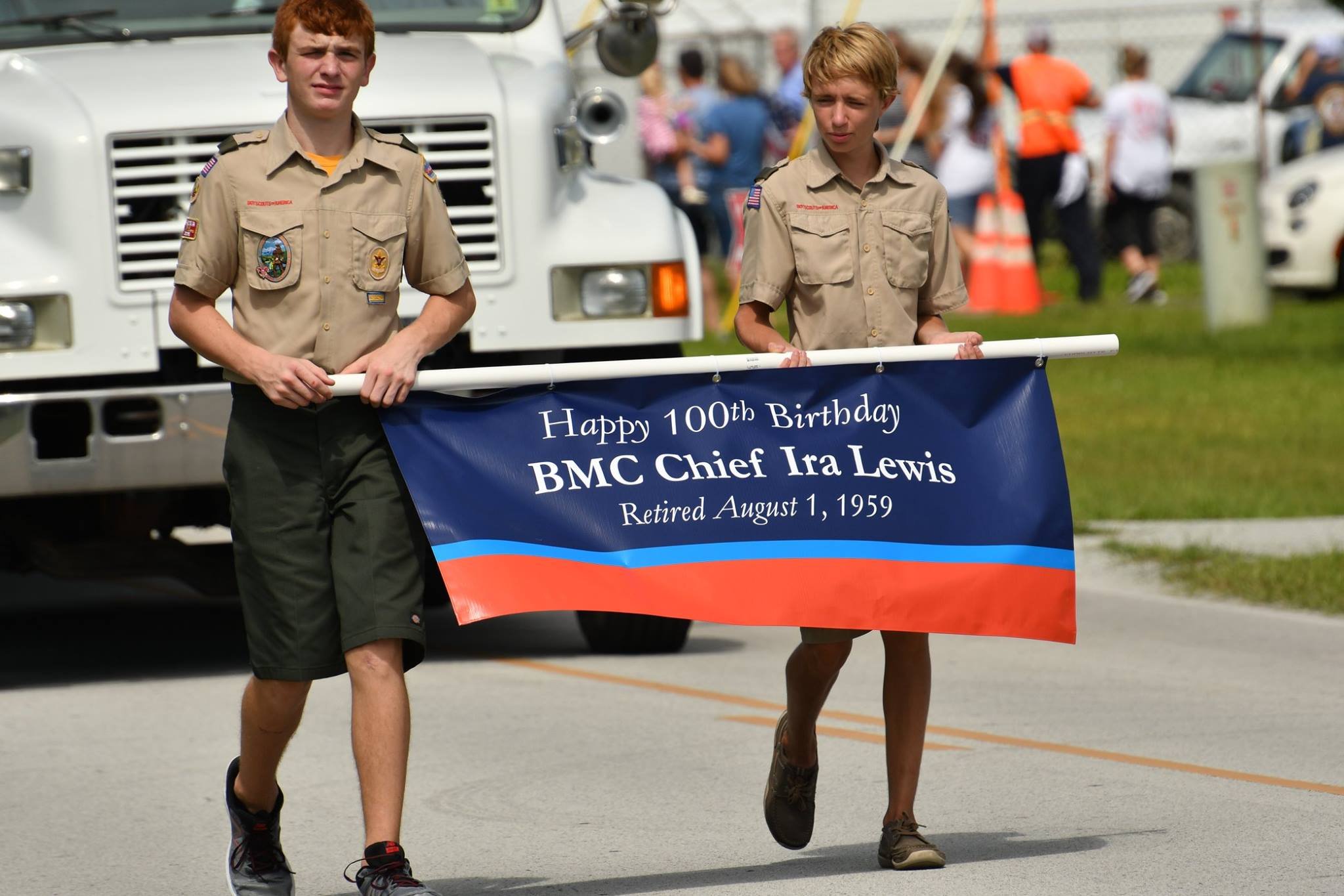 Scouts with Ira's banner