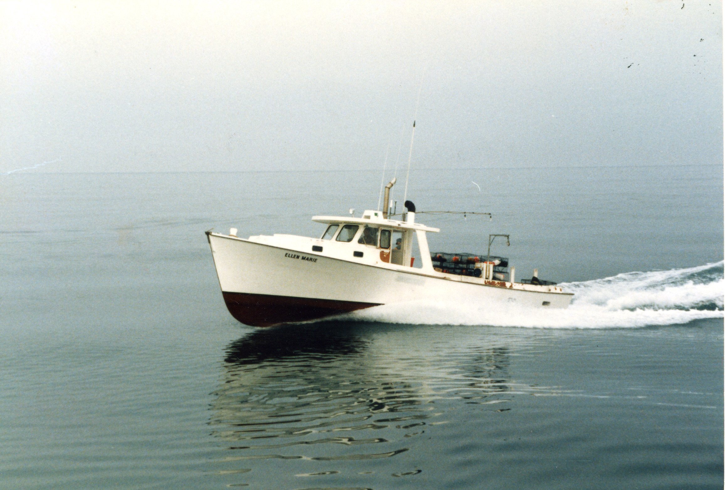 The F/V Ellen Marie “out on a plane” at ocean sea trials after launching, 1985.