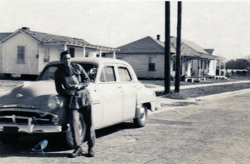 Leroy Gould, 1408, 1406, 1404 Shackleford St. shown behind car. 1953