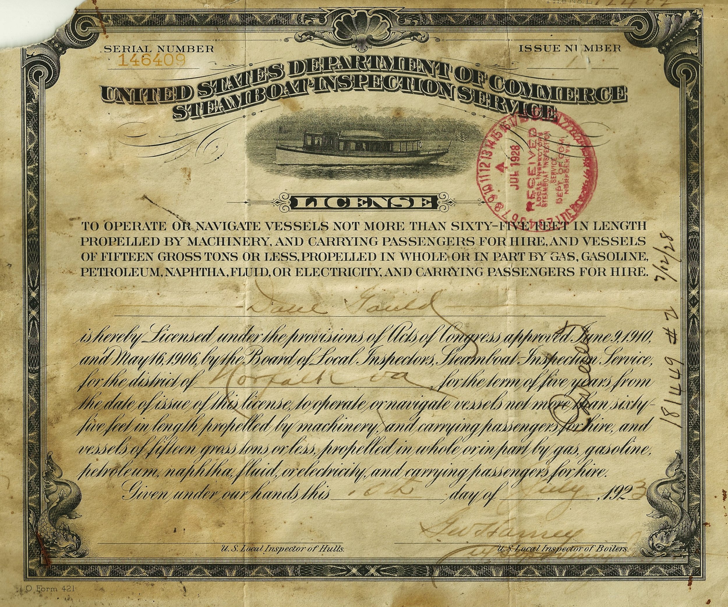 Capt. Dave's 1922 license