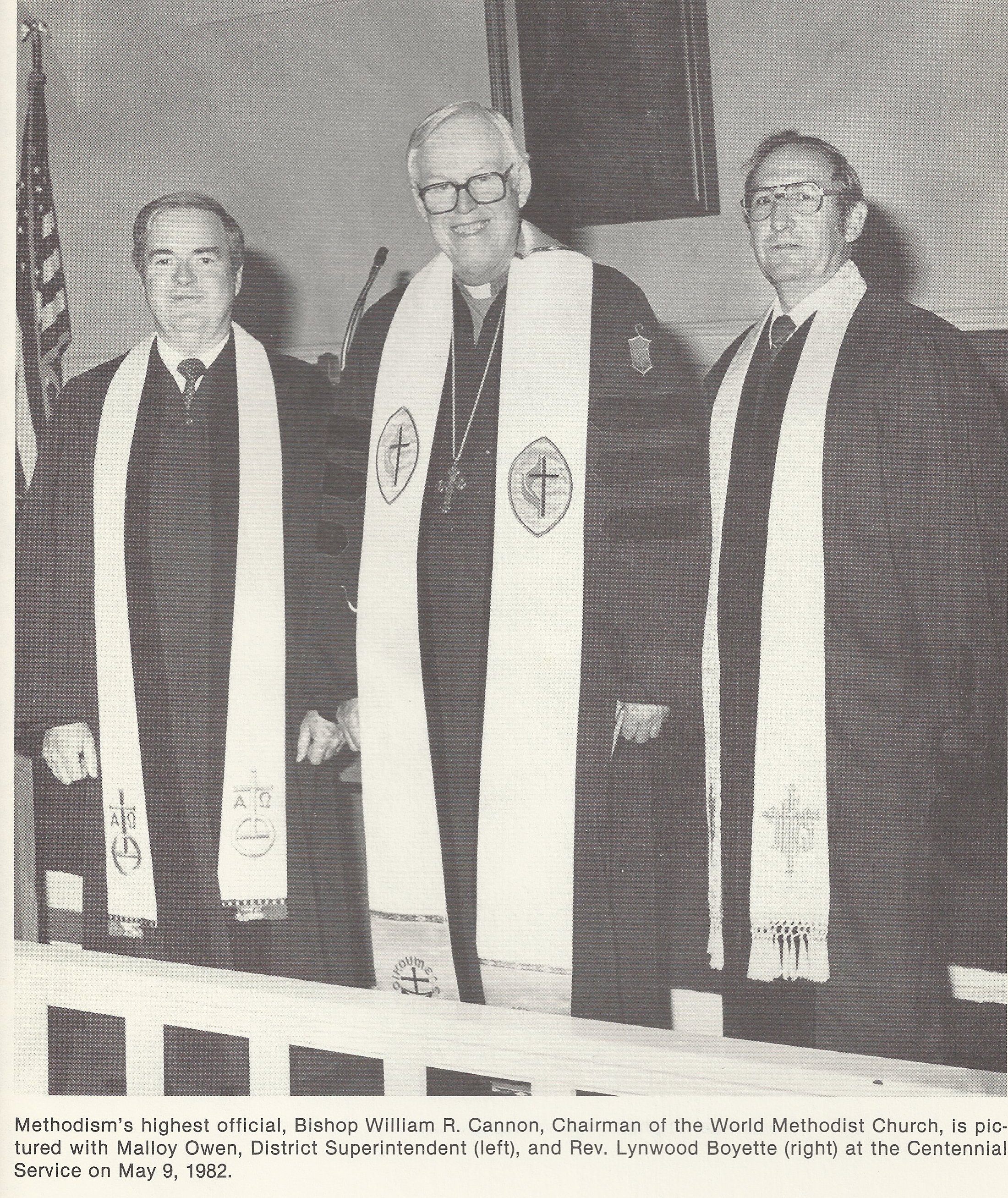 May 9 1982. Mallory Owen Dist. Superintendent, Bishop W. R. Cannon, Rev. L Boyette at Centennial Service