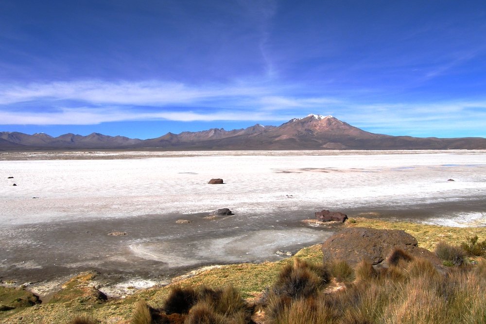 The white salt flats of Surire under a blue sky with the Andes mountains in the distance.