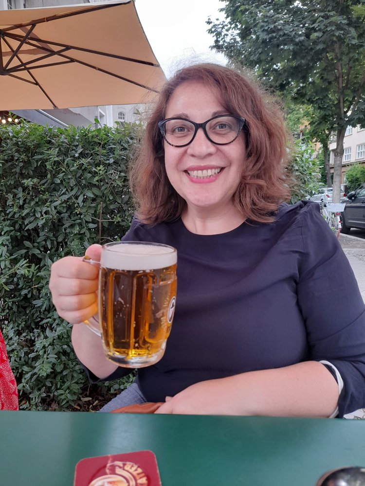 Pam with beer in Germany