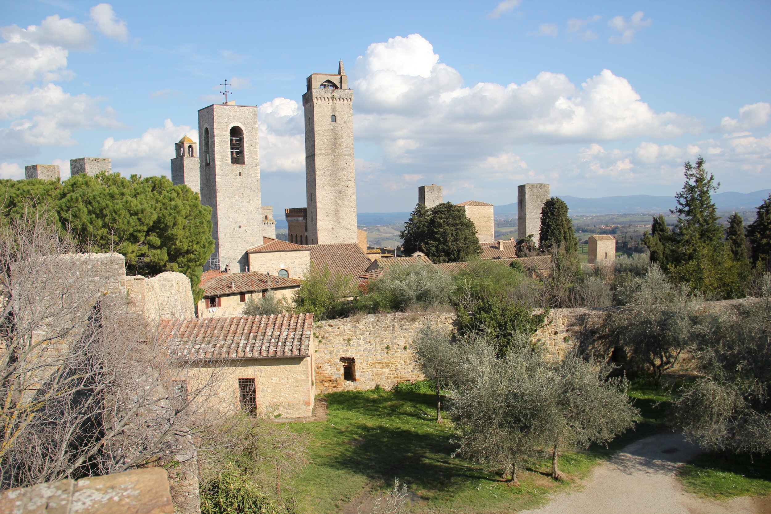 The town of San Gimignano in Italy, with a few of its famous stone towers in view