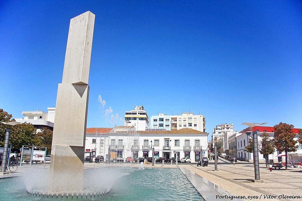 The main square and fountain in Portimão, Portugal.